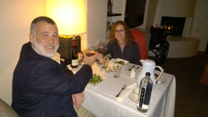 Jeanne and I enjoying our 25th Wedding Anniversary dinner in our room at Enchantment Resort.